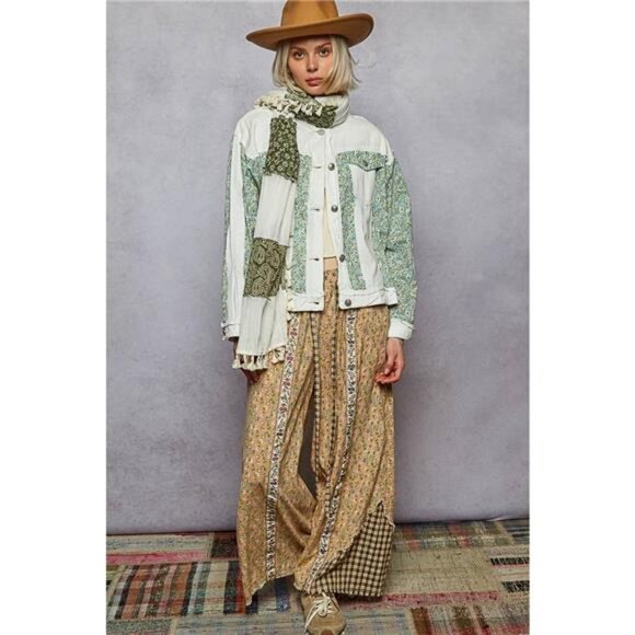 POL Button Down Patchwork Denim Jacket with Floral Print Details - Picture 8 of 8